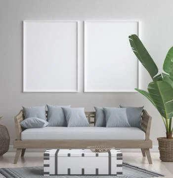 Mock up poster frame in hipster interior background, scandinavian style, 3D rend Stock Illustration