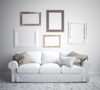 Mock up poster frame in hipster interior background, scandinavian style, 3D rend Stock Illustration