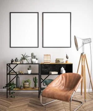 Mock up poster frame in hipster interior background, 3D render Stock Illustration