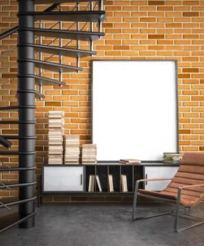 Mock up poster frame in hipster interior background, 3D render Stock Illustration