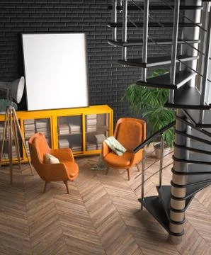 Mock up poster frame in hipster interior background, 3D render Stock Illustration