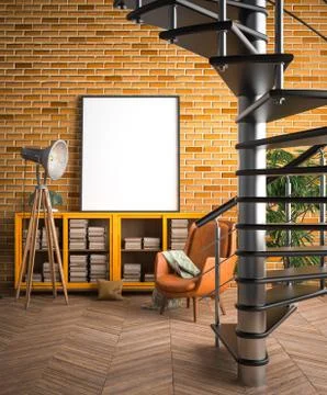 Mock up poster frame in hipster interior background, 3D render Stock Illustration