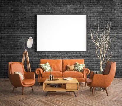 Mock up poster frame in hipster interior background, 3D render Stock Illustration