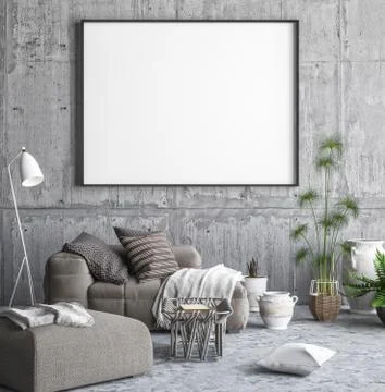 Mock up poster frame in hipster interior background, 3D render Stock Illustration
