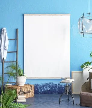 Mock up poster frame in hipster interior background, Moroccan style, 3D render Stock Illustration