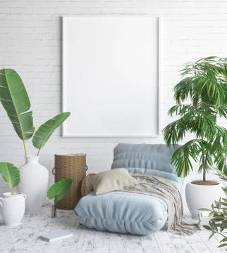 Mock up poster frame in hipster interior background, Scandinavian style, 3D rend Stock Illustration