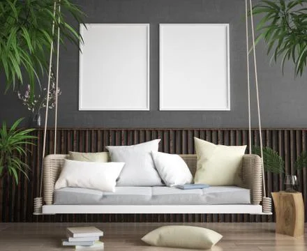 Mock up poster frame in hipster style interior background, 3D render Stock Illustration