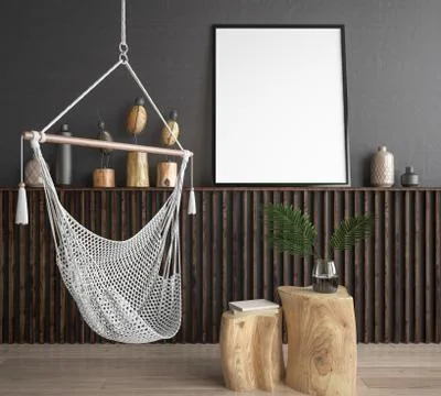 Mock up poster frame in hipster style interior background, 3D render Stock Illustration
