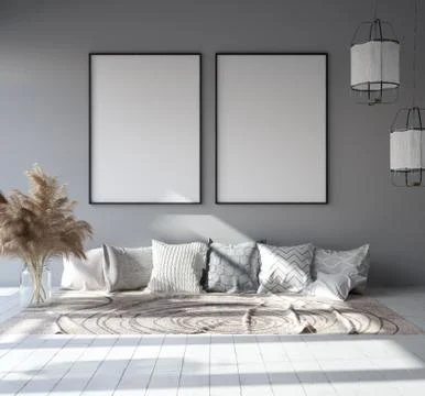 Mock up poster frame in home interior background, Scandinavian Bohemian style li Stock Illustration