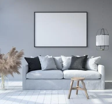 Mock up poster frame in home interior background, Scandinavian Bohemian style li Stock Illustration