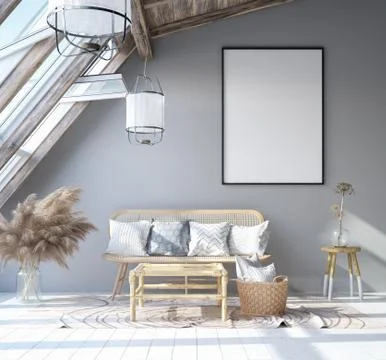 Mock up poster frame in home interior background, Scandinavian Bohemian style li Stock Illustration