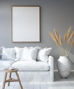 Mock up poster frame in home interior background, Bohemian style living room, 3D Stock Illustration