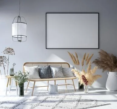Mock up poster frame in home interior background, Bohemian style living room, 3D Stock Illustration