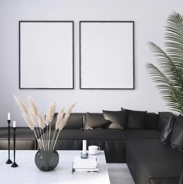Mock up poster frame in home interior background, Modern style living room, 3D r Stock Illustration