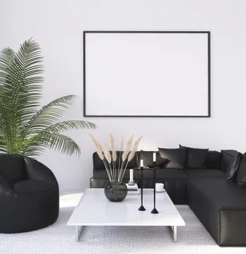 Mock up poster frame in home interior background, Modern style living room, 3D r Stock Illustration