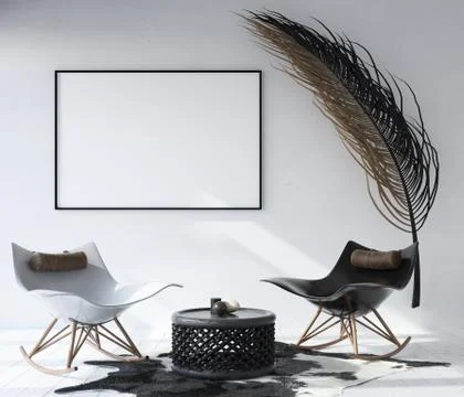 Mock up poster frame in home interior background, Bohemian style living room, 3D Stock Illustration