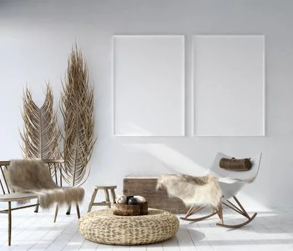 Mock up poster frame in home interior background, Bohemian style living room, 3D Stock Illustration