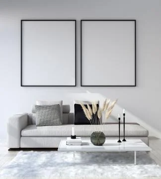 Mock up poster frame in home interior background, Modern style living room, 3D r Stock Illustration