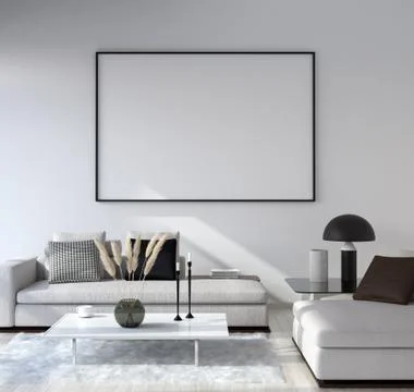 Mock up poster frame in home interior background, Modern style living room, 3D r Stock Illustration