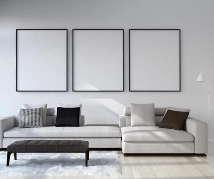 Mock up poster frame in home interior background, Modern style living room, 3D r Stock Illustration