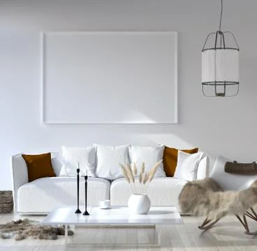 Mock up poster frame in home interior background, Bohemian style living room, 3D Stock Illustration