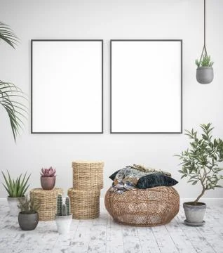 Mock up poster frame interior background, scandinavian style, 3D render Stock Illustration