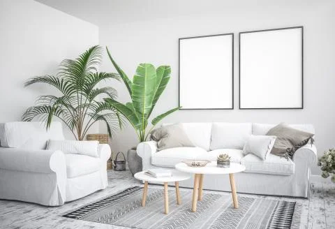 Mock up poster frame interior background, scandinavian style, 3D render Stock Illustration