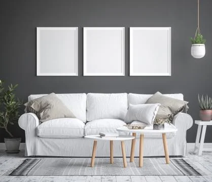 Mock up poster frame interior background, scandinavian style, 3D render Stock Illustration