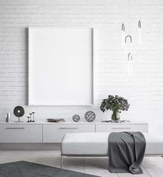 Mock up poster frame in interior background, scandinavian style, 3D render Stock Illustration