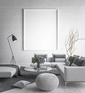 Mock up poster frame in interior background, scandinavian style, 3D render Stock Illustration