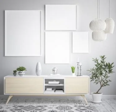 Mock up poster frame interior background, scandinavian style, 3D render Stock Illustration