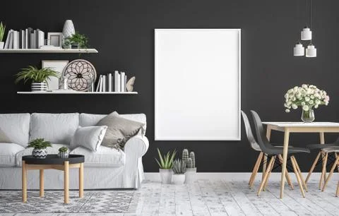 Mock up poster frame interior background, scandinavian style, 3D render Stock Illustration