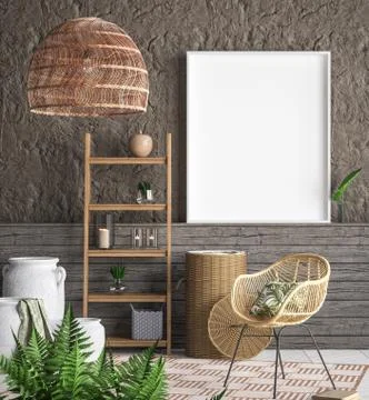 Mock up poster frame in interior background, 3D render Stock Illustration