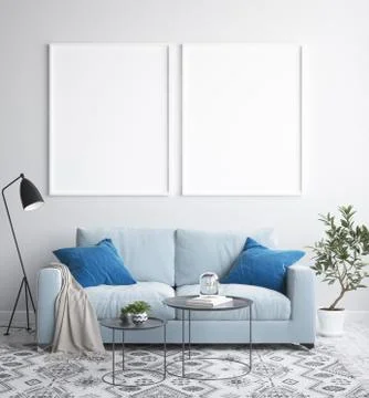 Mock up poster frame in interior background, scandinavian style, 3D render Stock Illustration