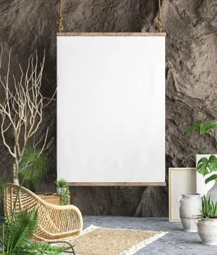 Mock up poster frame in interior background, 3D render Stock Illustration