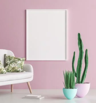 Mock up poster frame interior background with sofa and cactus, 3d render Stock Illustration