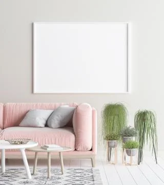 Mock up poster frame in interior background, Scandinavian style, 3d render Stock Illustration