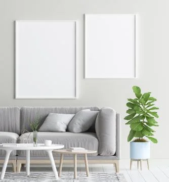 Mock up poster frame in interior background, Scandinavian style, 3d render Stock Illustration