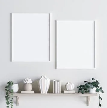 Mock up poster frame in interior background with decor on shelf, 3d render Stock Illustration