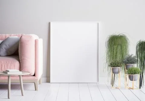 Mock up poster frame in interior background, Scandinavian style, 3d render Stock Illustration