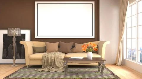 Mock up poster frame in interior background. 3D Illustration Ilustración de archivo