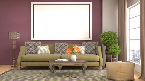 Mock up poster frame in interior background. 3D Illustration Ilustración de archivo