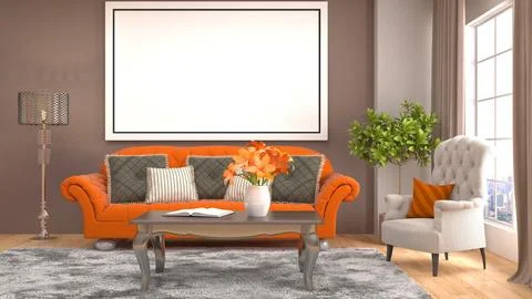 Mock up poster frame in interior background. 3D Illustration Ilustración de archivo