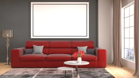 Mock up poster frame in interior background. 3D Illustration Stock Photos