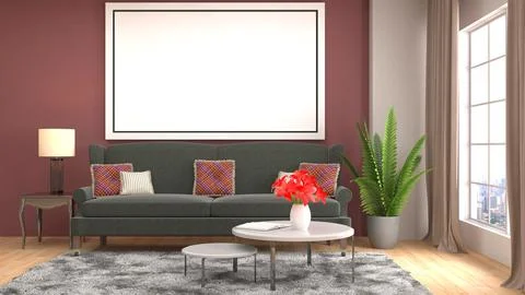 Mock up poster frame in interior background. 3D Illustration Stock Photos
