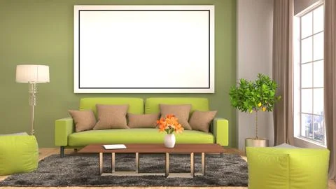 Mock up poster frame in interior background. 3D Illustration Stock Photos
