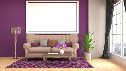 Mock up poster frame in interior background. 3D Illustration Stock Photos