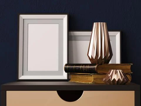 Mock up poster in a frame in the interior decor on a table. Hipster style. Illustrazione stock