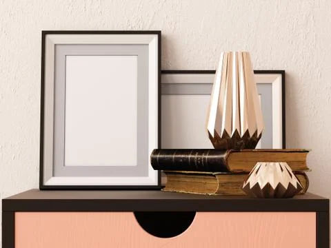 Mock up poster in a frame in the interior decor on a table. Hipster style. Stock Illustration