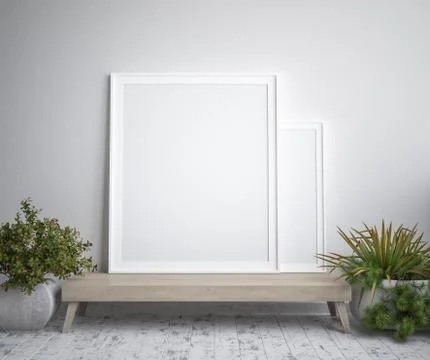 Mock up poster frame, interior minimalism,Scandinavian design, 3d render Stock Illustration